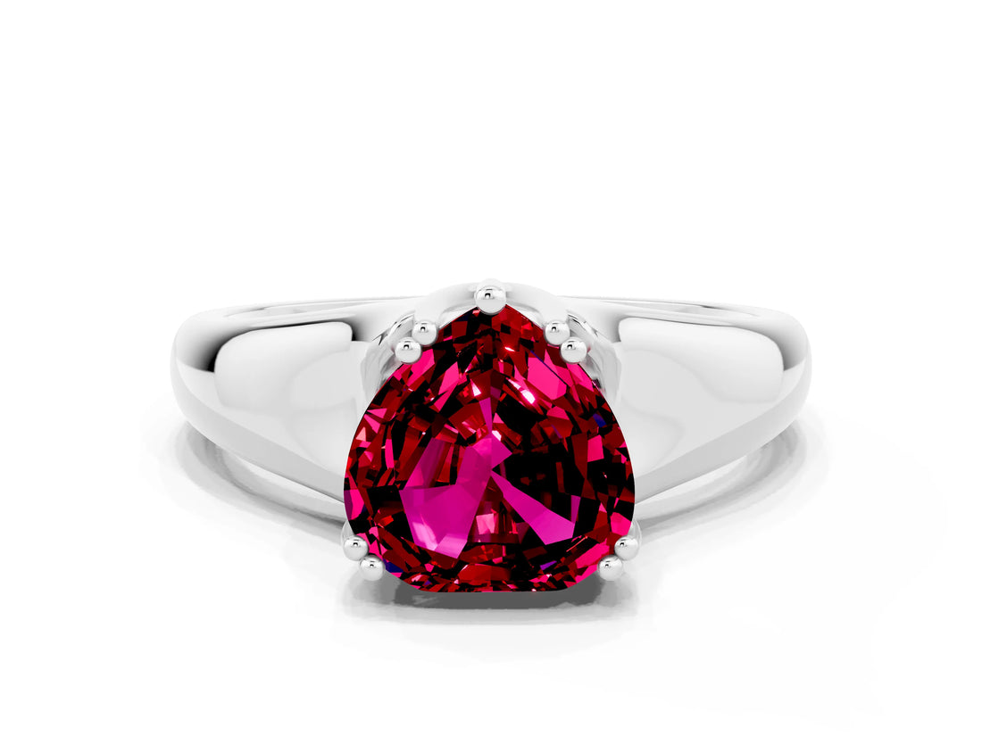 White gold Heart Cut Garnet Solitaire Ring with Wide Band and Prong Setting
