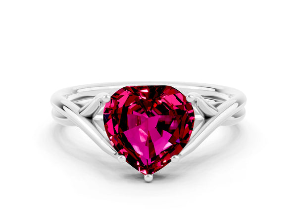 White gold Heart Cut Garnet Solitaire Twist Band Prong Setting Ring