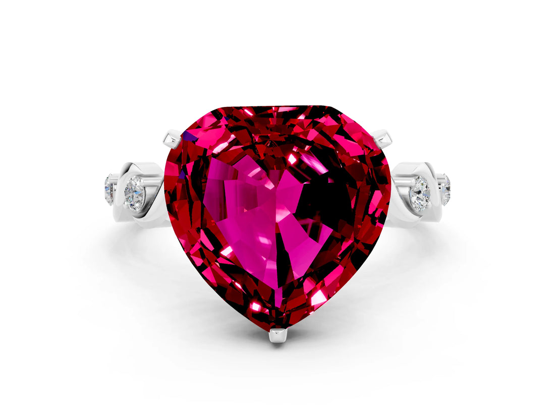 White gold Heart Cut Garnet Solitaire Twisted Band with Round  Accents and Prong Setting_12