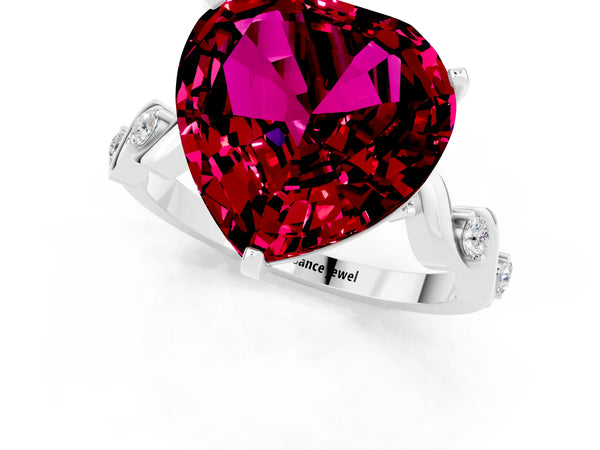 Platinum Heart Cut Garnet Solitaire Twisted Band with Round  Accents and Prong Setting
