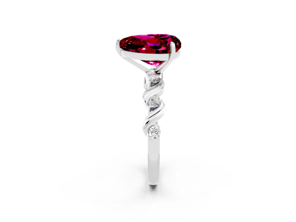 Platinum Heart Cut Garnet Solitaire Twisted Band with Round  Accents and Prong Setting