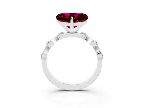 Silver Heart Cut Garnet Solitaire Twisted Band with Round  Accents and Prong Setting