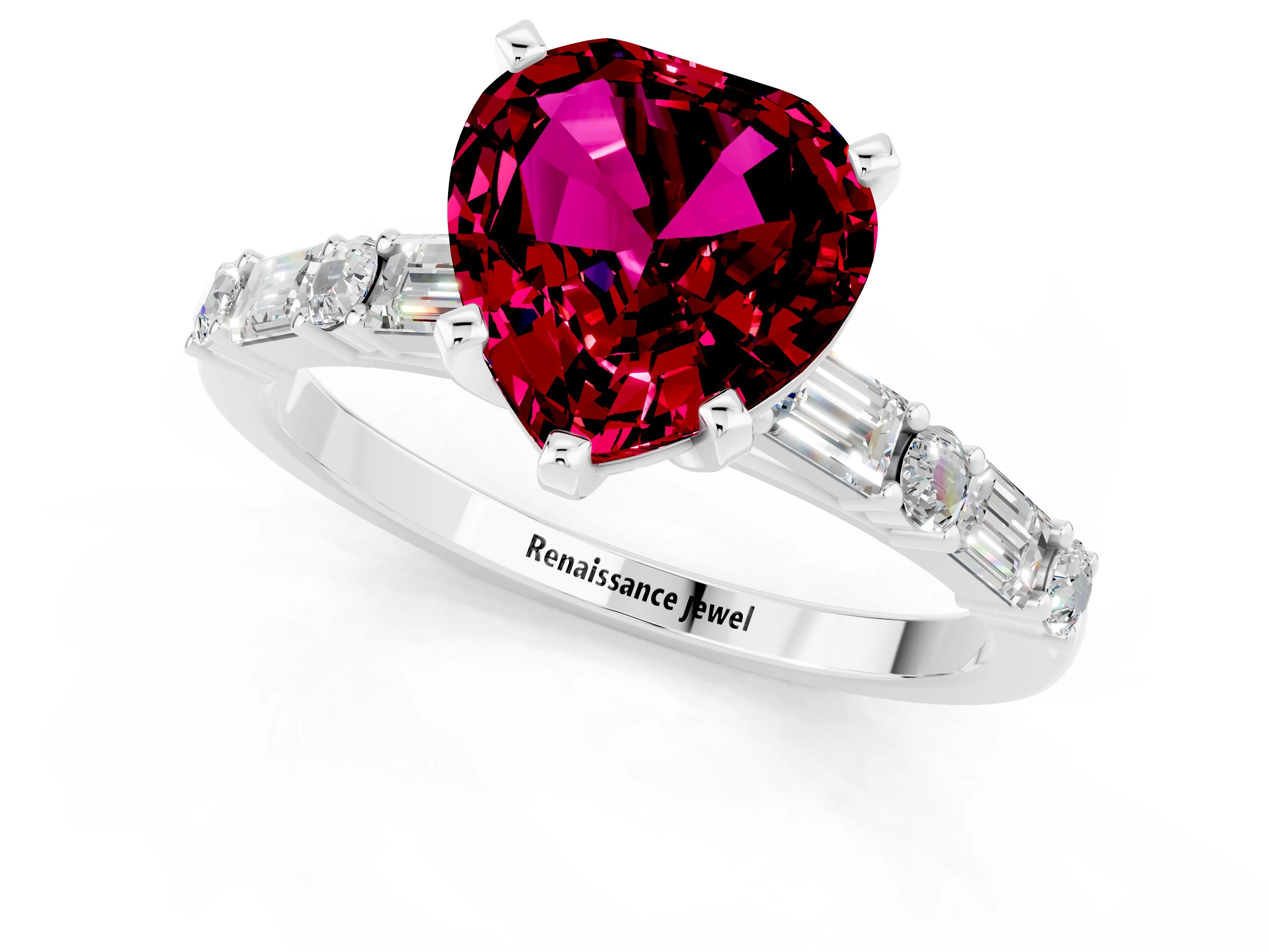 White gold Heart Cut Garnet Solitaire with Side Baguettes and Channel Set Band_1