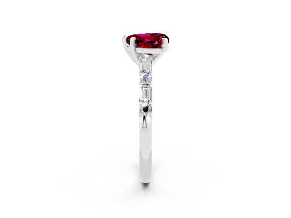 Silver Heart Cut Garnet Solitaire with Side Baguettes and Channel Set Band