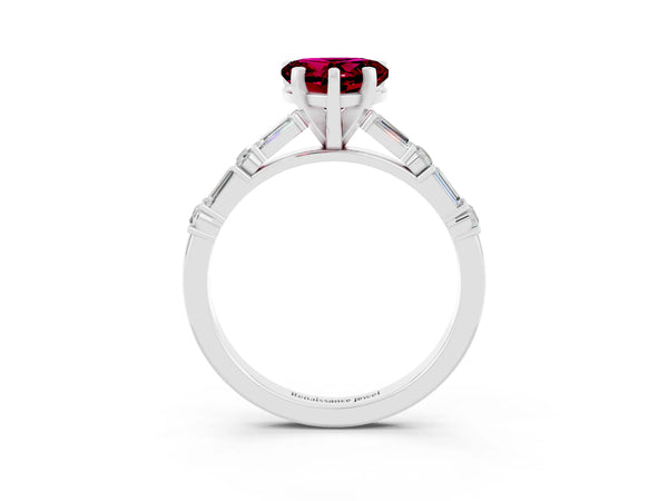 Platinum Heart Cut Garnet Solitaire with Side Baguettes and Channel Set Band