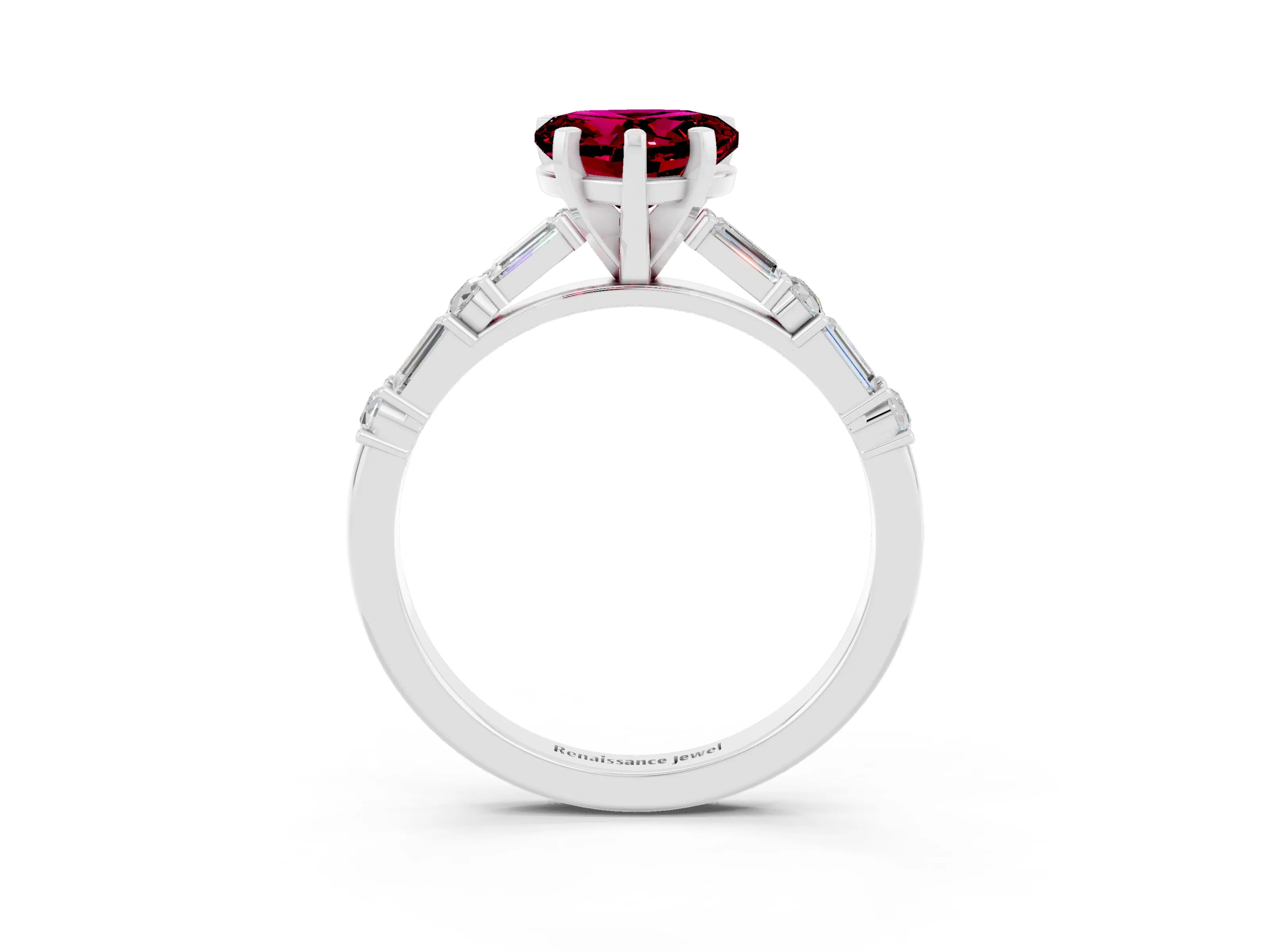White gold Heart Cut Garnet Solitaire with Side Baguettes and Channel Set Band_3