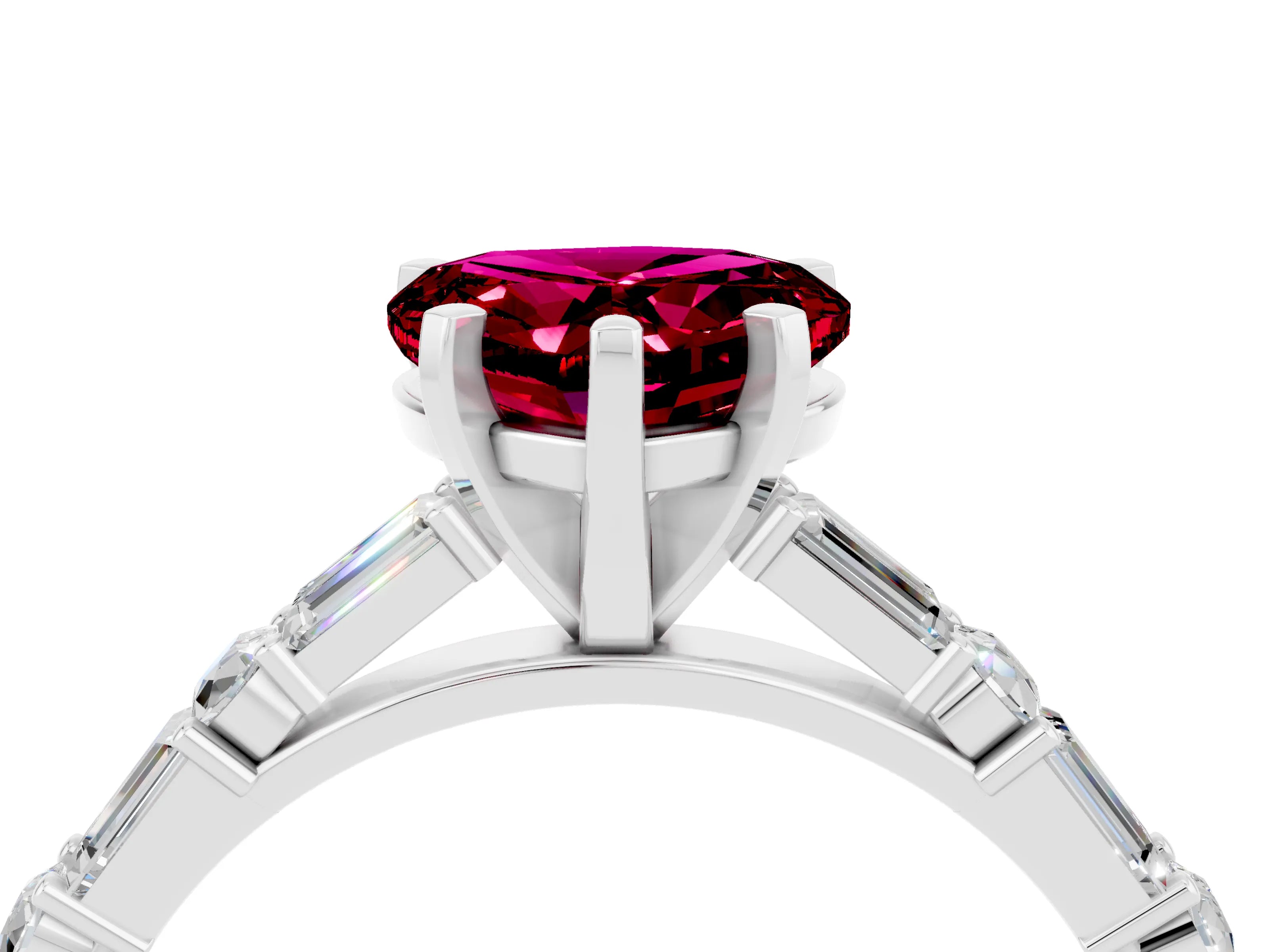 White gold Heart Cut Garnet Solitaire with Side Baguettes and Channel Set Band_4