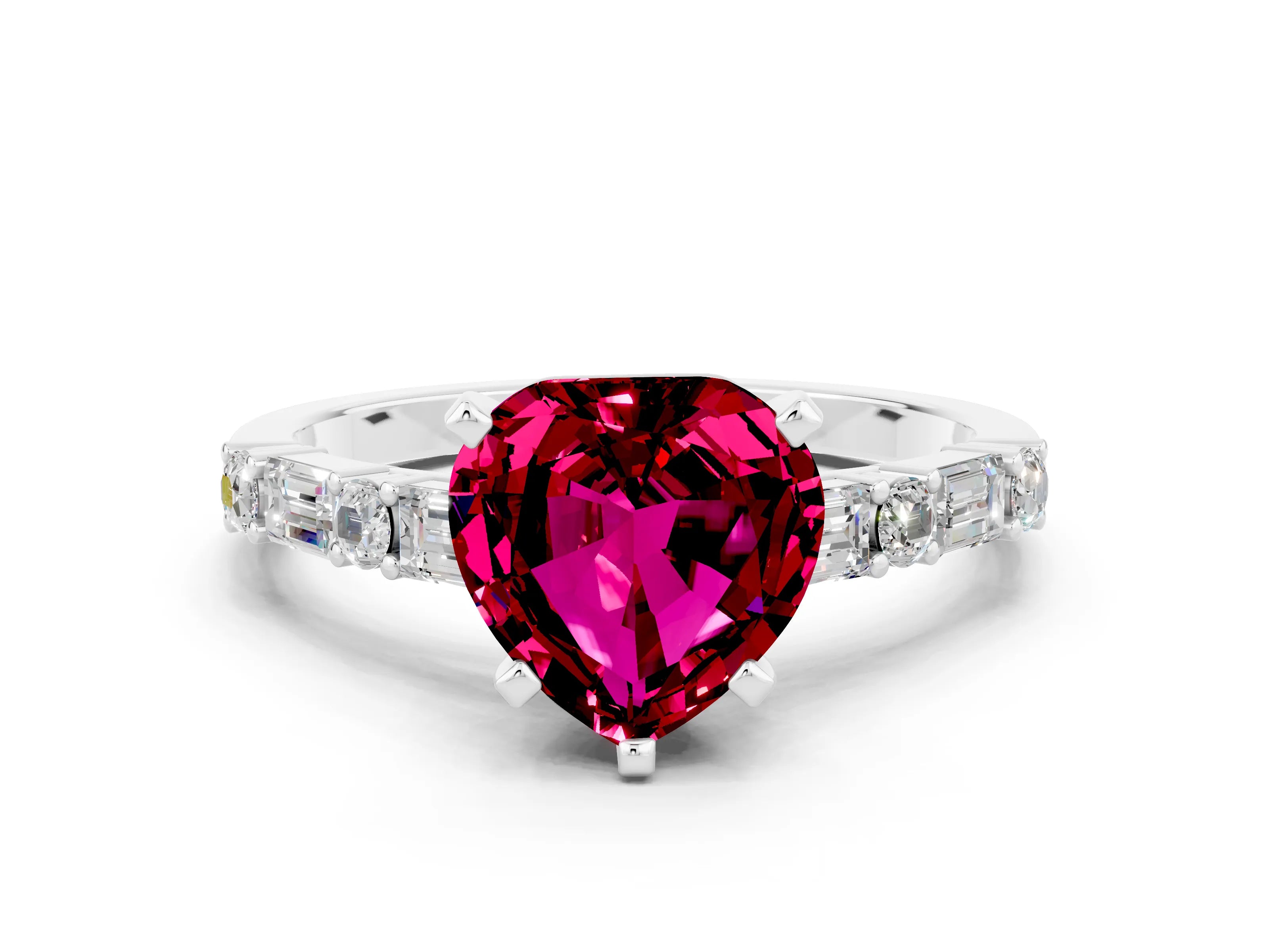 White gold Heart Cut Garnet Solitaire with Side Baguettes and Channel Set Band