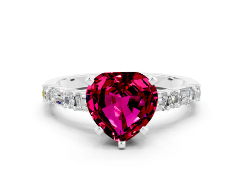 White gold Heart Cut Garnet Solitaire with Side Baguettes and Channel Set Band