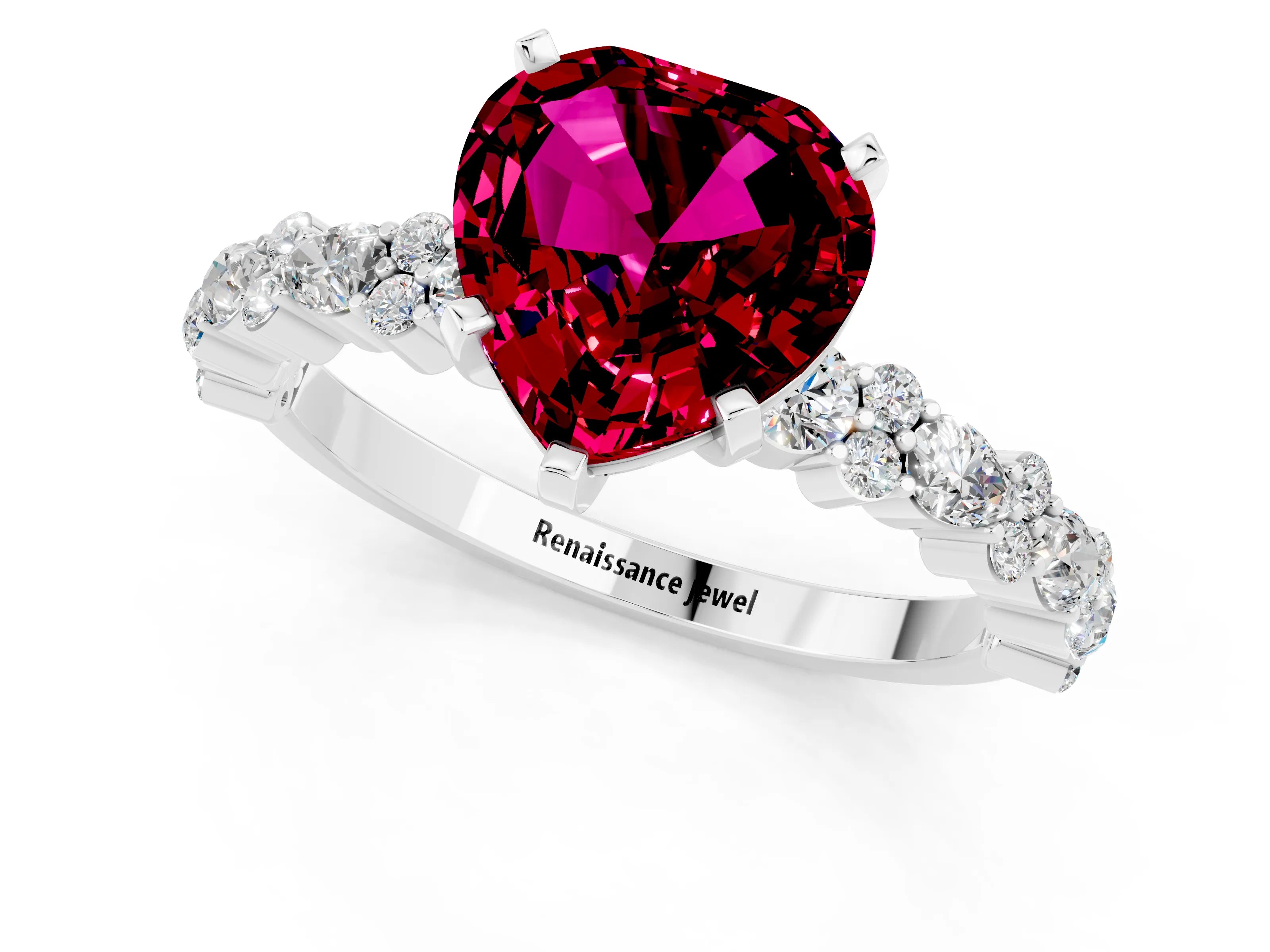 White gold Heart Cut Garnet Solitaire with Side Stones, Pave Band, Four-Prong Setting_37