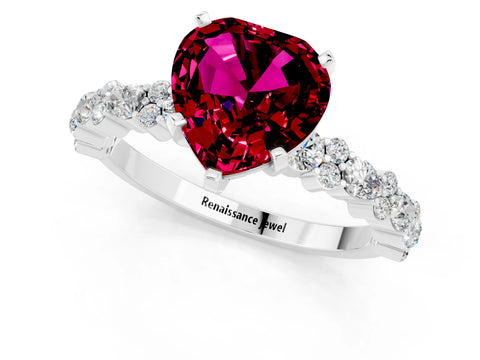White gold Heart Cut Garnet Solitaire with Side Stones, Pave Band, Four-Prong Setting_37