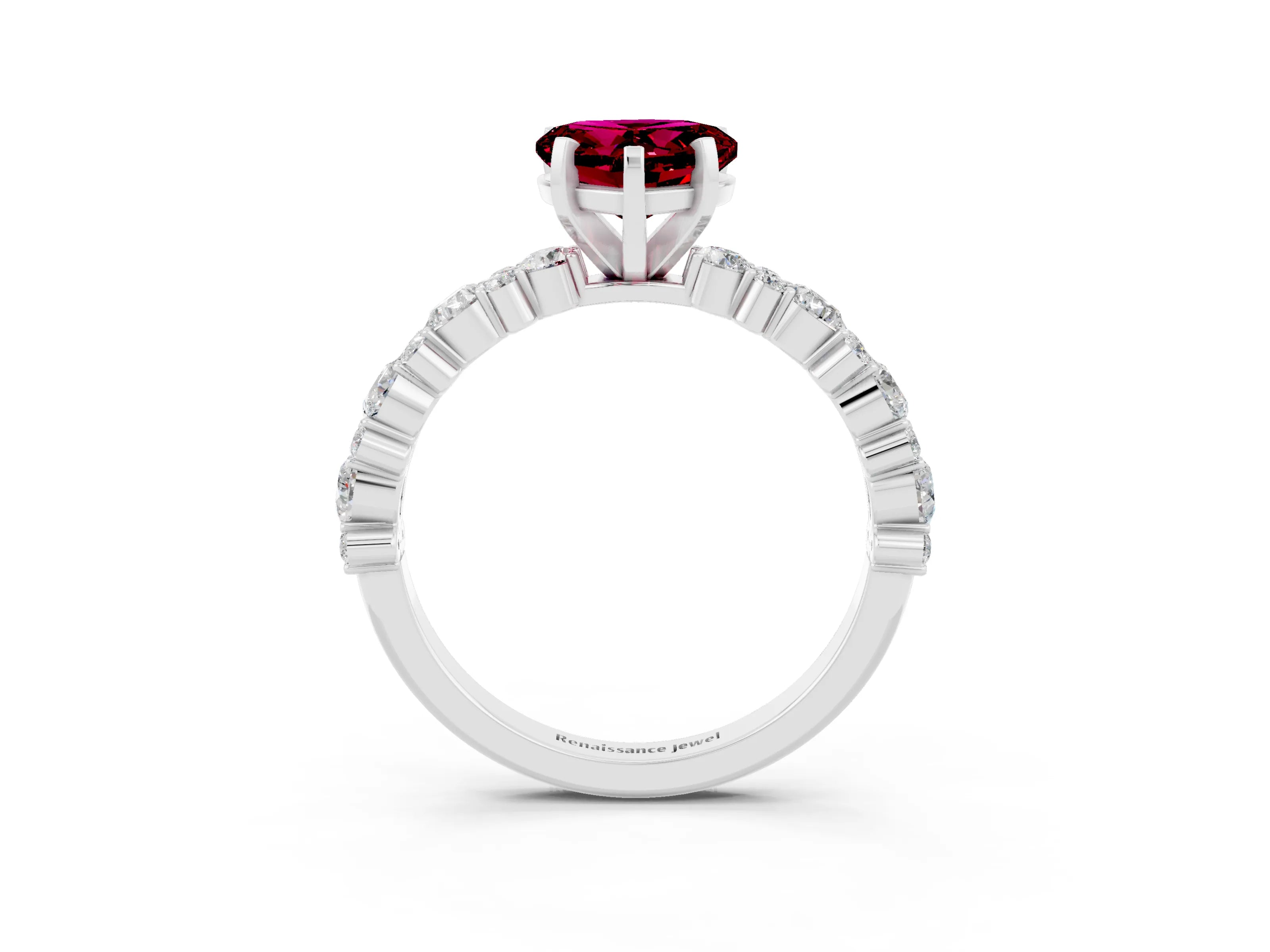 White gold Heart Cut Garnet Solitaire with Side Stones, Pave Band, Four-Prong Setting_39