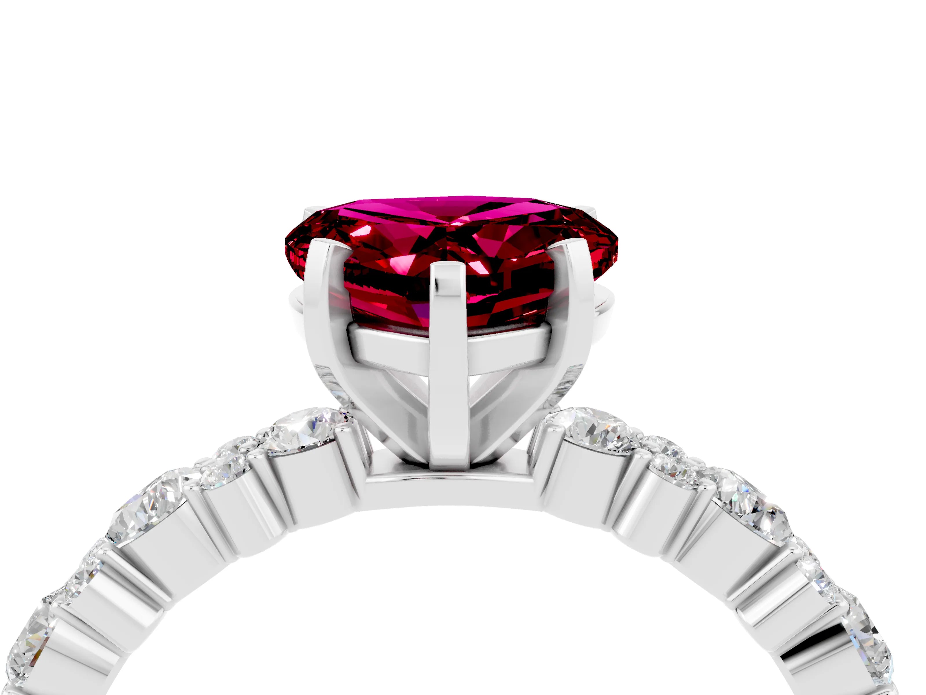 White gold Heart Cut Garnet Solitaire with Side Stones, Pave Band, Four-Prong Setting_40