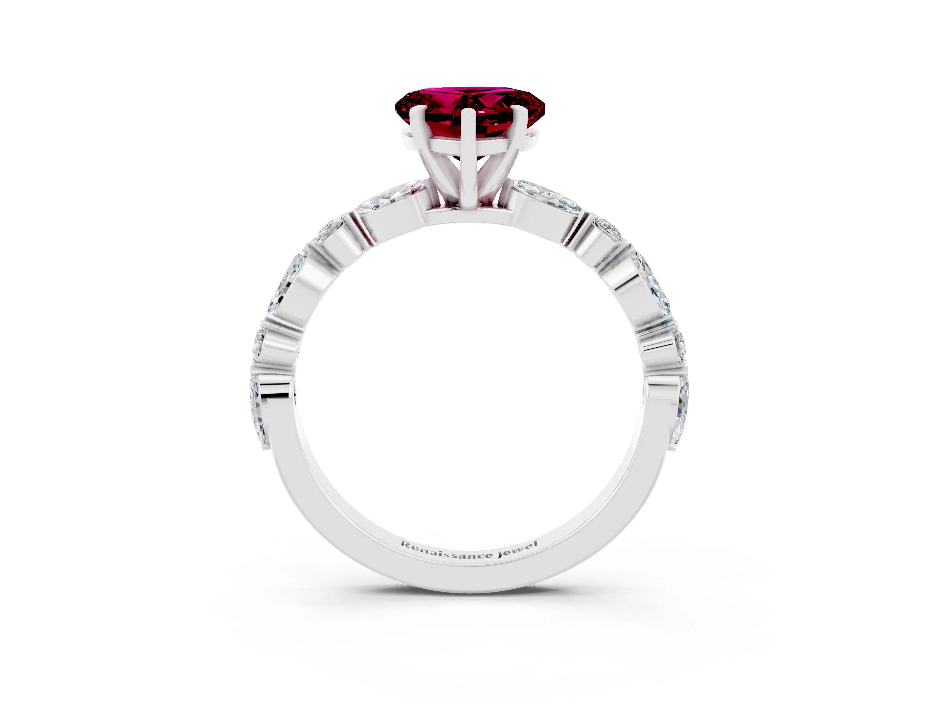 White gold Heart Cut Garnet Solitaire with Side Stones on a Pavé Band and Four-Prong Setting_3