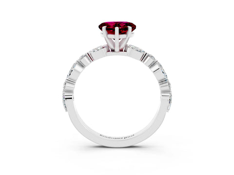 White gold Heart Cut Garnet Solitaire with Side Stones on a Pavé Band and Four-Prong Setting_3