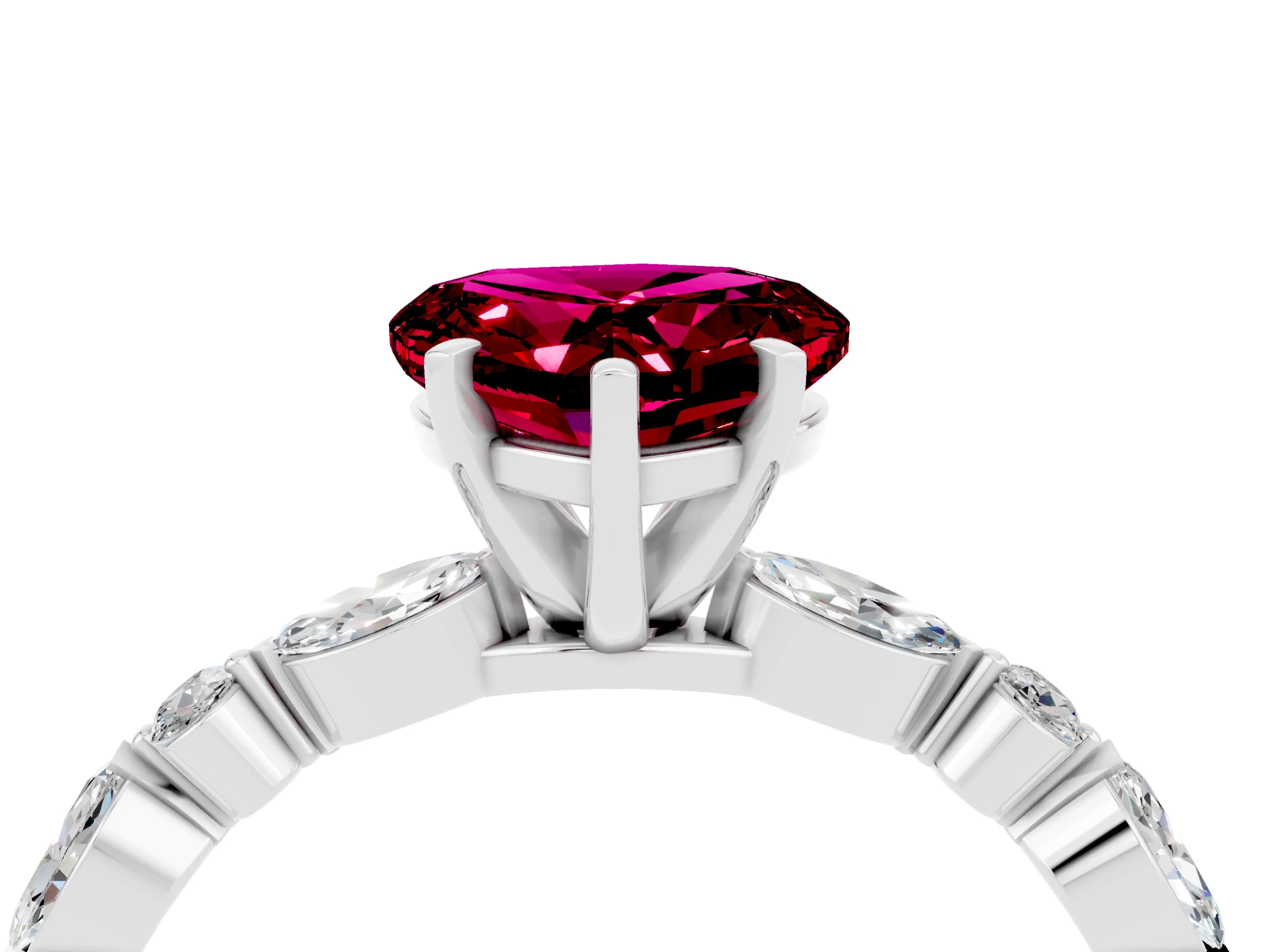 White gold Heart Cut Garnet Solitaire with Side Stones on a Pavé Band and Four-Prong Setting_4