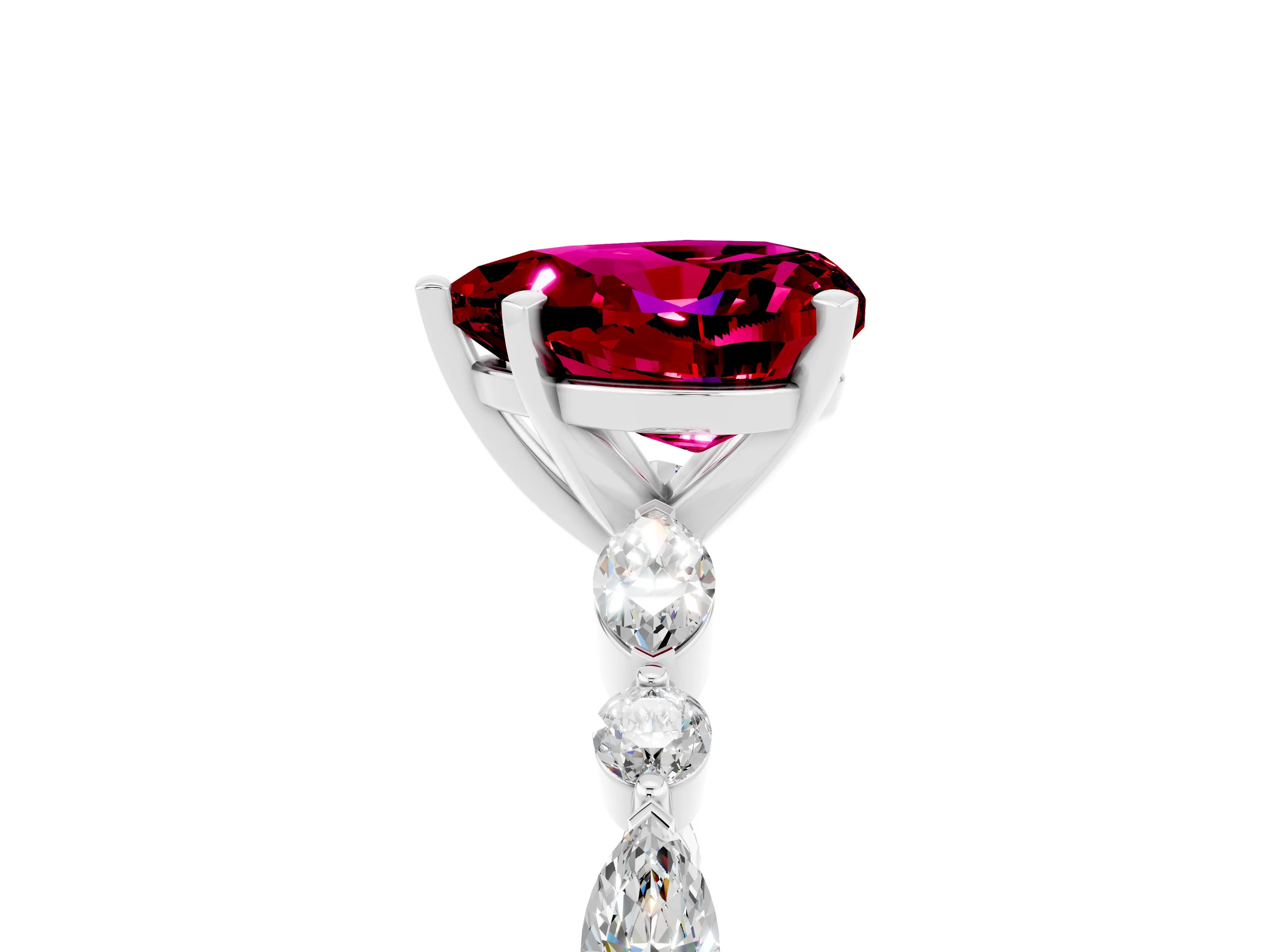 White gold Heart Cut Garnet Solitaire with Side Stones on a Pavé Band and Four-Prong Setting_5