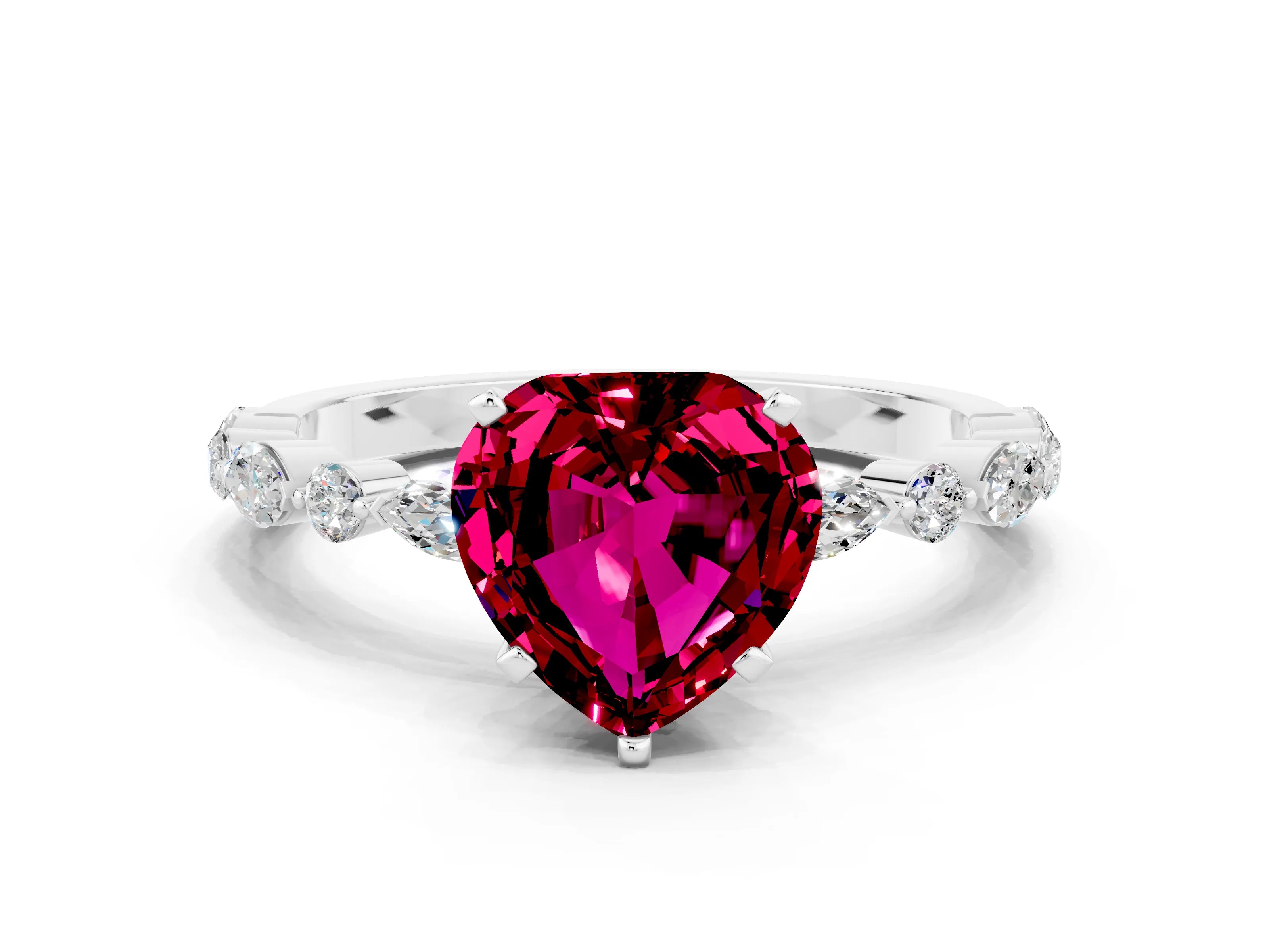 White gold Heart Cut Garnet Solitaire with Side Stones on a Pavé Band and Four-Prong Setting