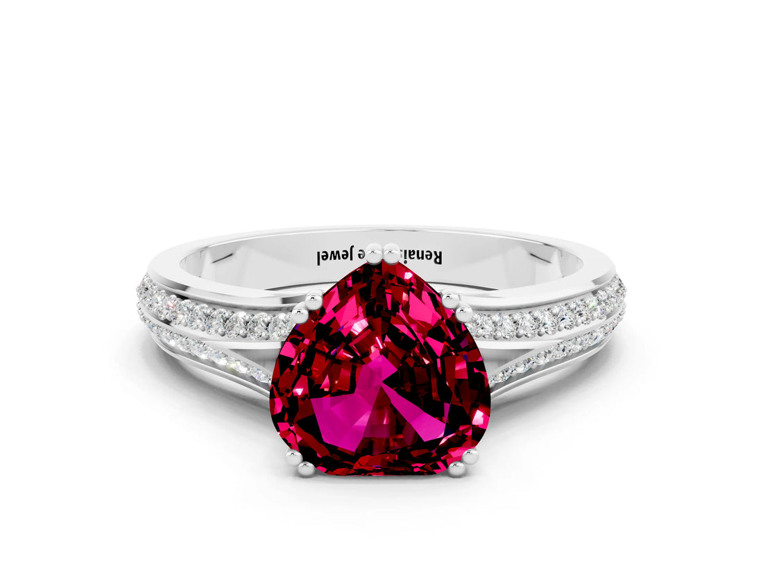 White gold Heart Cut Garnet Split Shank Engagement Ring with Pavé Band