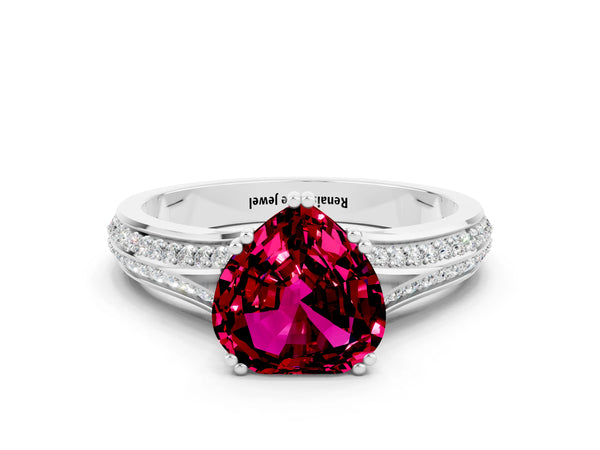 White gold Heart Cut Garnet Split Shank Engagement Ring with Pavé Band