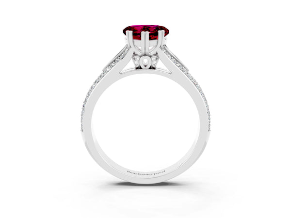 Platinum Heart Cut Garnet Split Shank Engagement Ring with Pavé Band