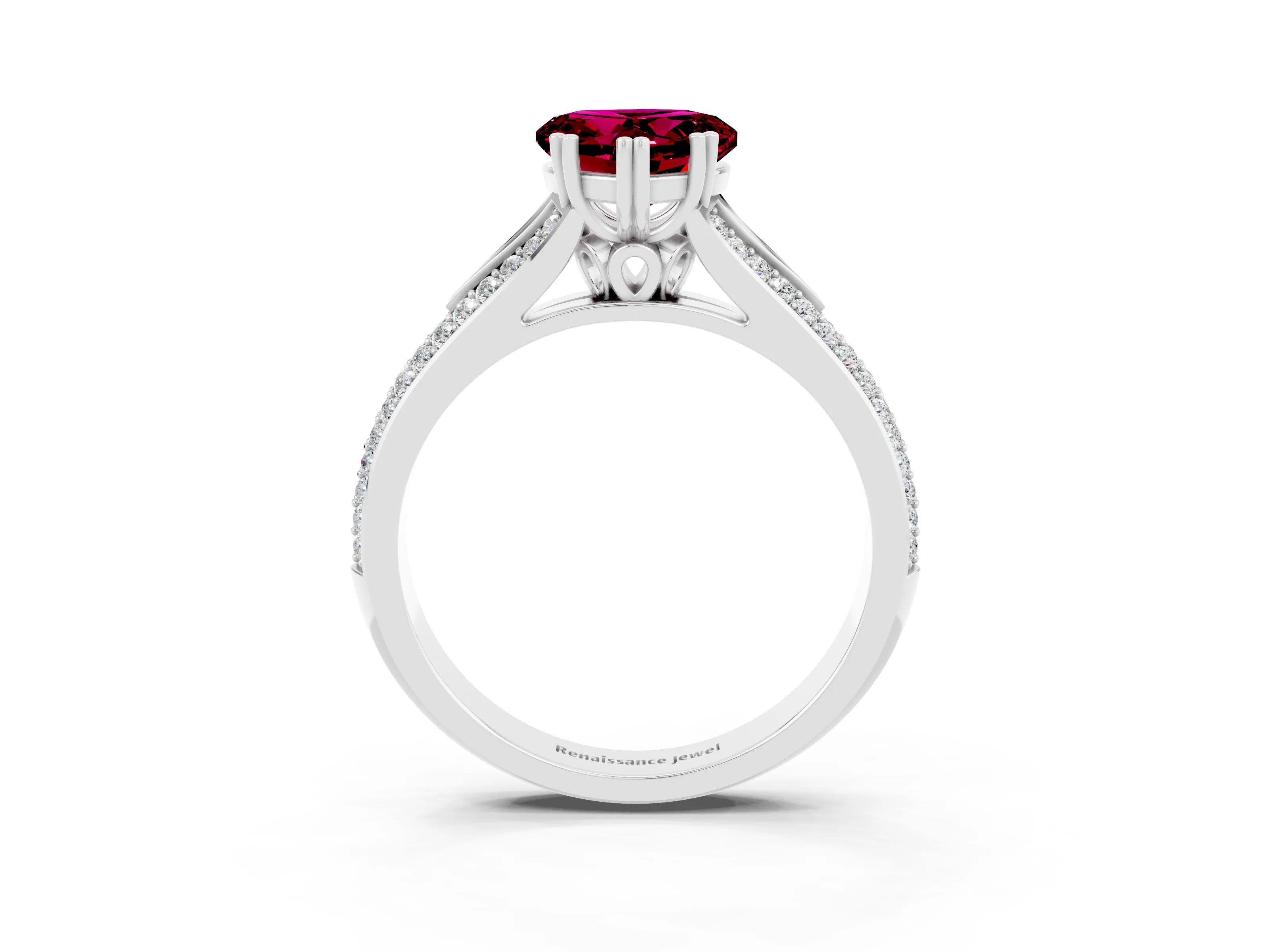 White gold Heart Cut Garnet Split Shank Engagement Ring with Pavé Band_3