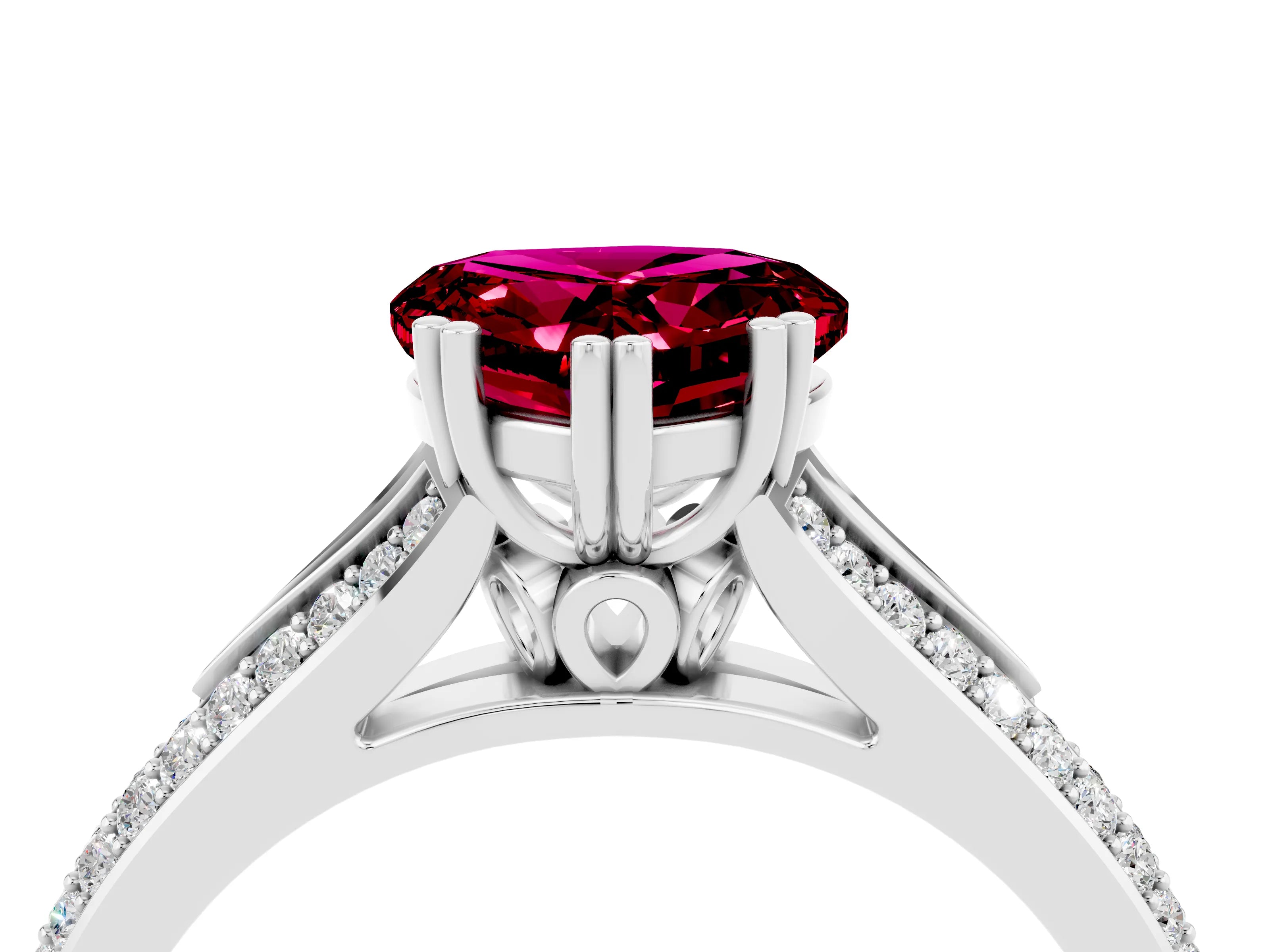 White gold Heart Cut Garnet Split Shank Engagement Ring with Pavé Band_4