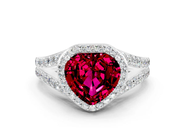 Silver Heart Cut Garnet Split Shank Halo Ring with Four-Prong Setting
