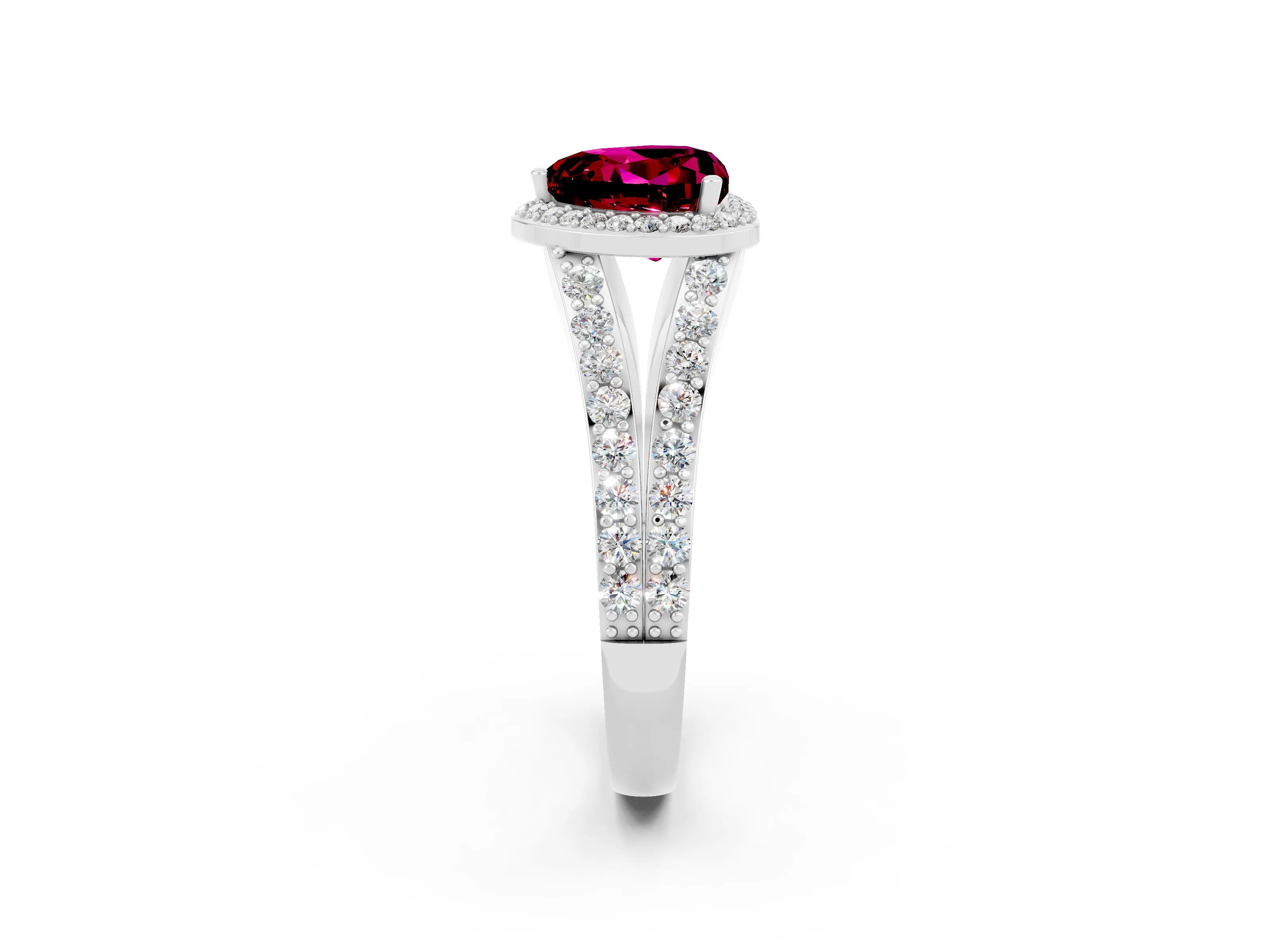 White gold Heart Cut Garnet Split Shank Halo Ring with Four-Prong Setting_62