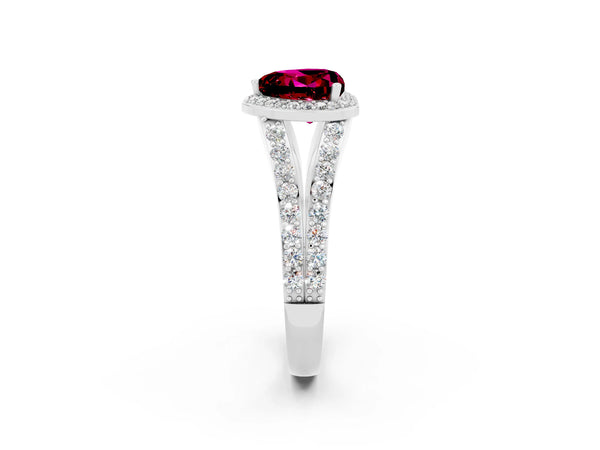 White gold Heart Cut Garnet Split Shank Halo Ring with Four-Prong Setting