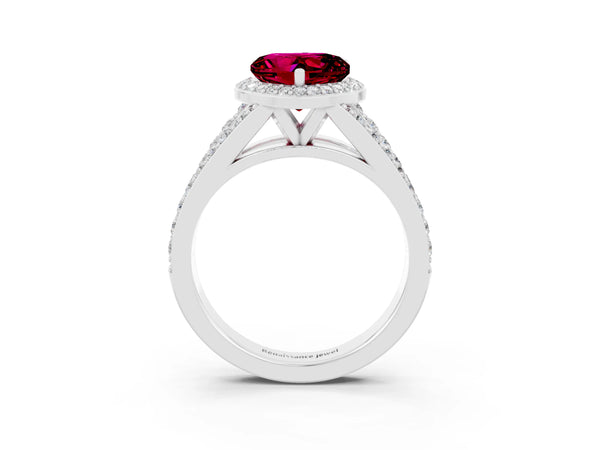 Platinum Heart Cut Garnet Split Shank Halo Ring with Four-Prong Setting