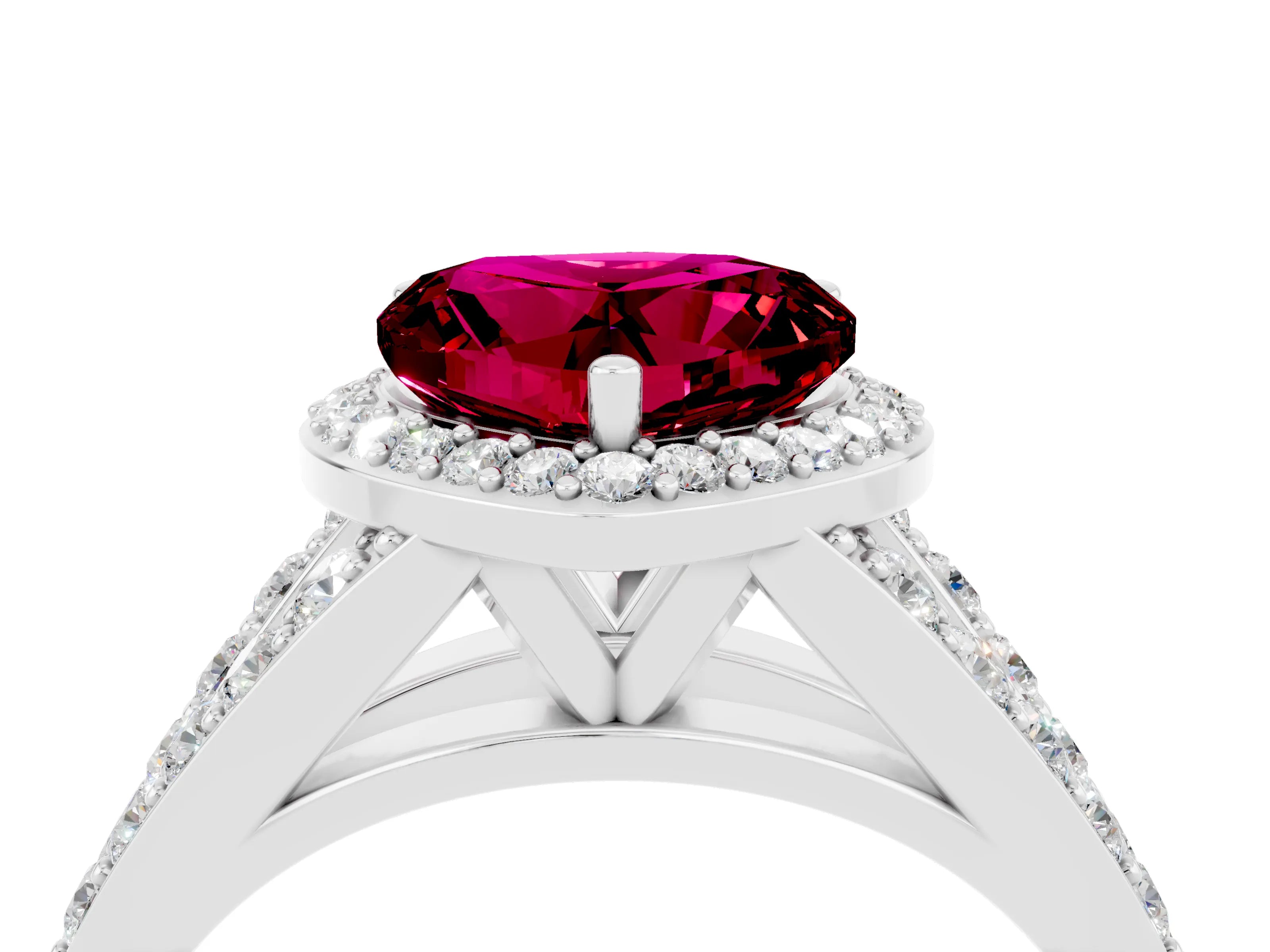 White gold Heart Cut Garnet Split Shank Halo Ring with Four-Prong Setting_64
