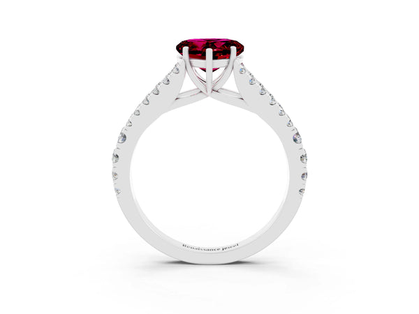 White gold Heart Cut Garnet Split Shank Pavé Engagement Ring with Four-Prong Setting