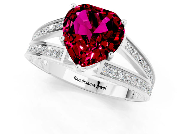 White gold Heart Cut Garnet Split Shank Ring with Pavé Band and Four-Prong Setting