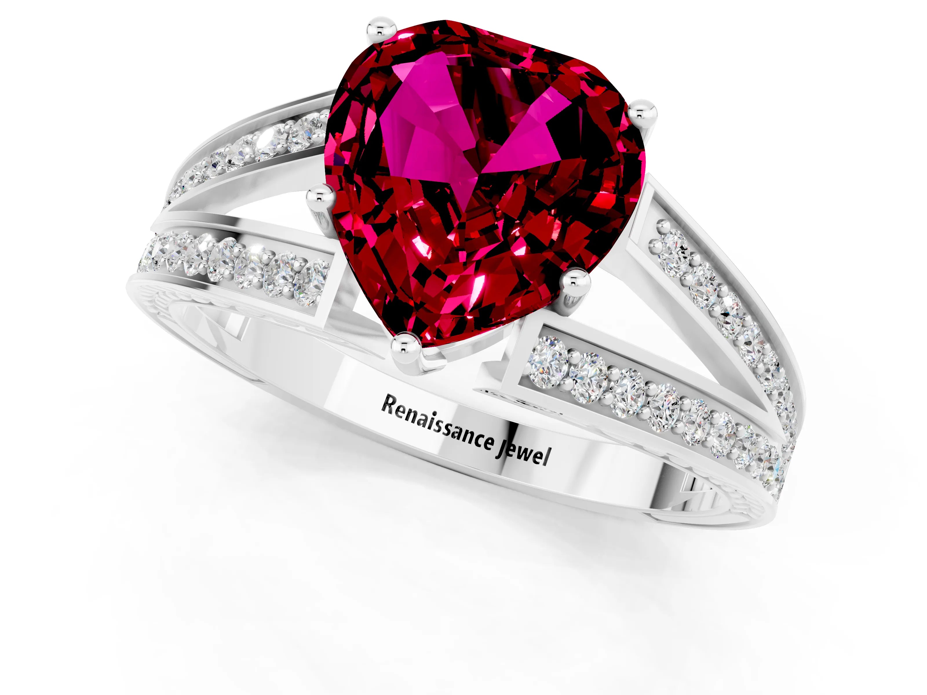 White gold Heart Cut Garnet Split Shank Ring with Pavé Band and Four-Prong Setting_1