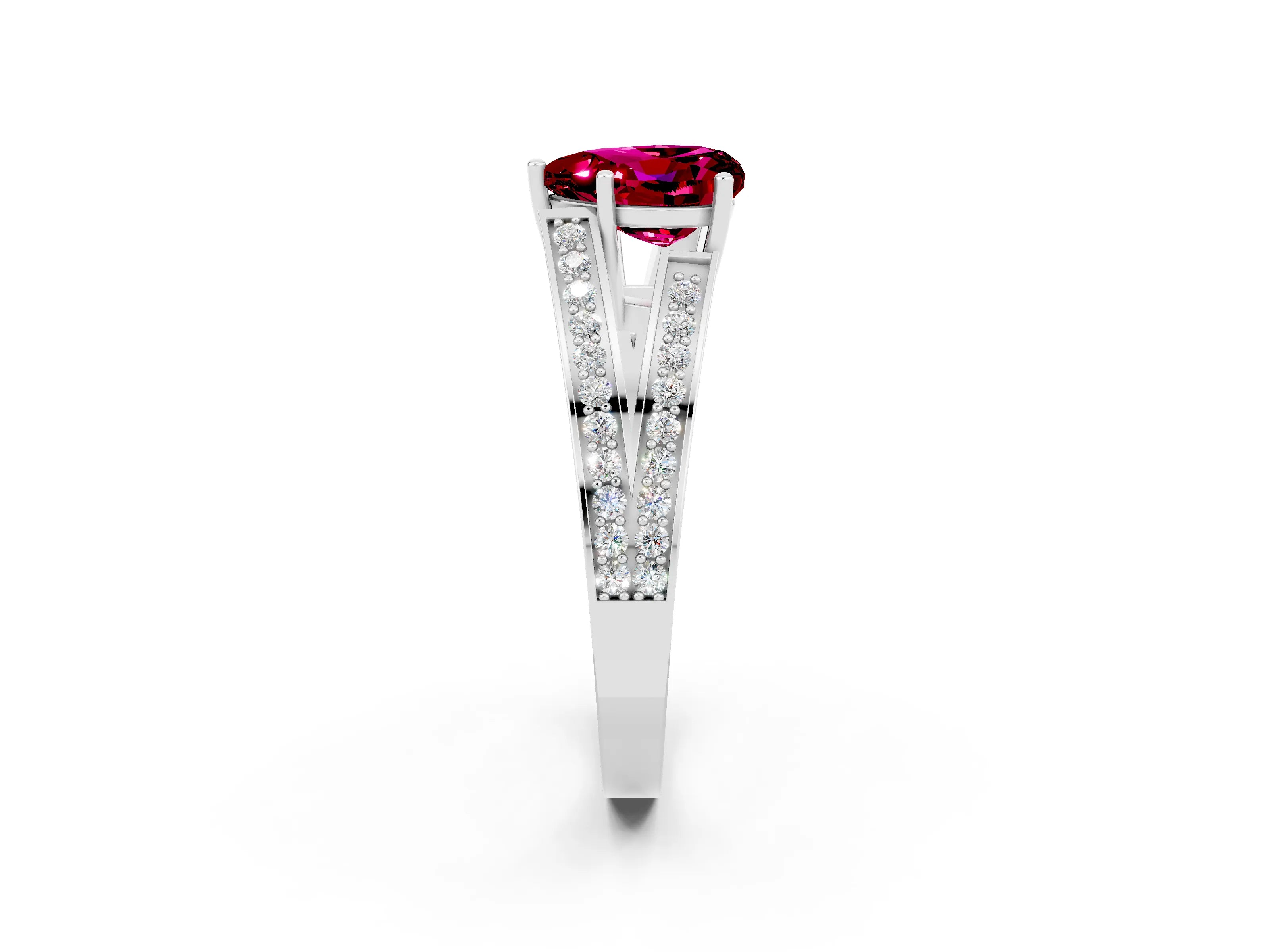 White gold Heart Cut Garnet Split Shank Ring with Pavé Band and Four-Prong Setting_2