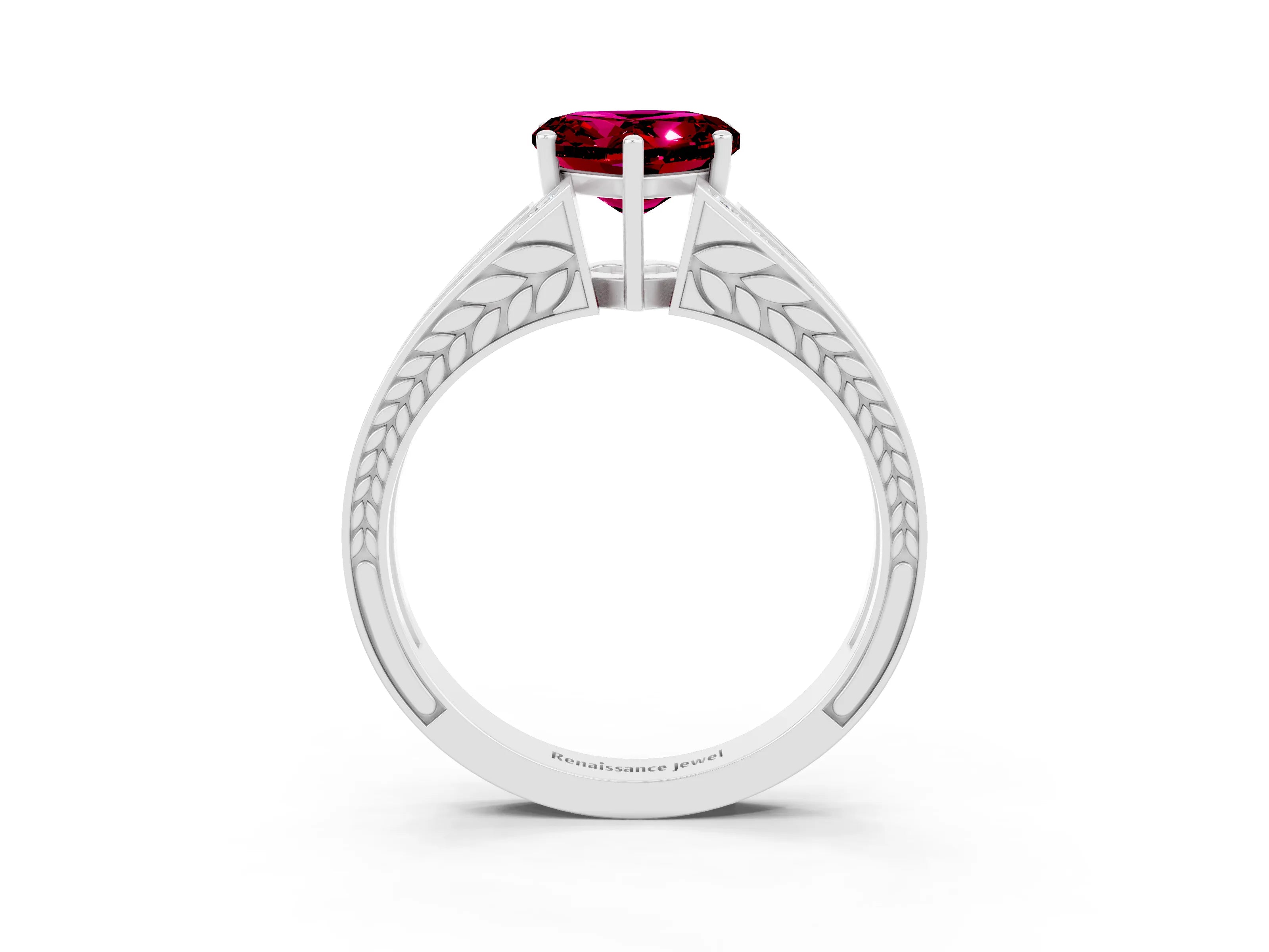White gold Heart Cut Garnet Split Shank Ring with Pavé Band and Four-Prong Setting_3