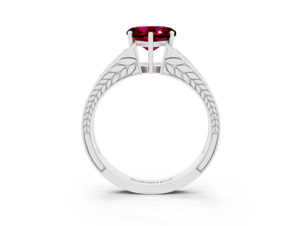 Silver Heart Cut Garnet Split Shank Ring with Pavé Band and Four-Prong Setting
