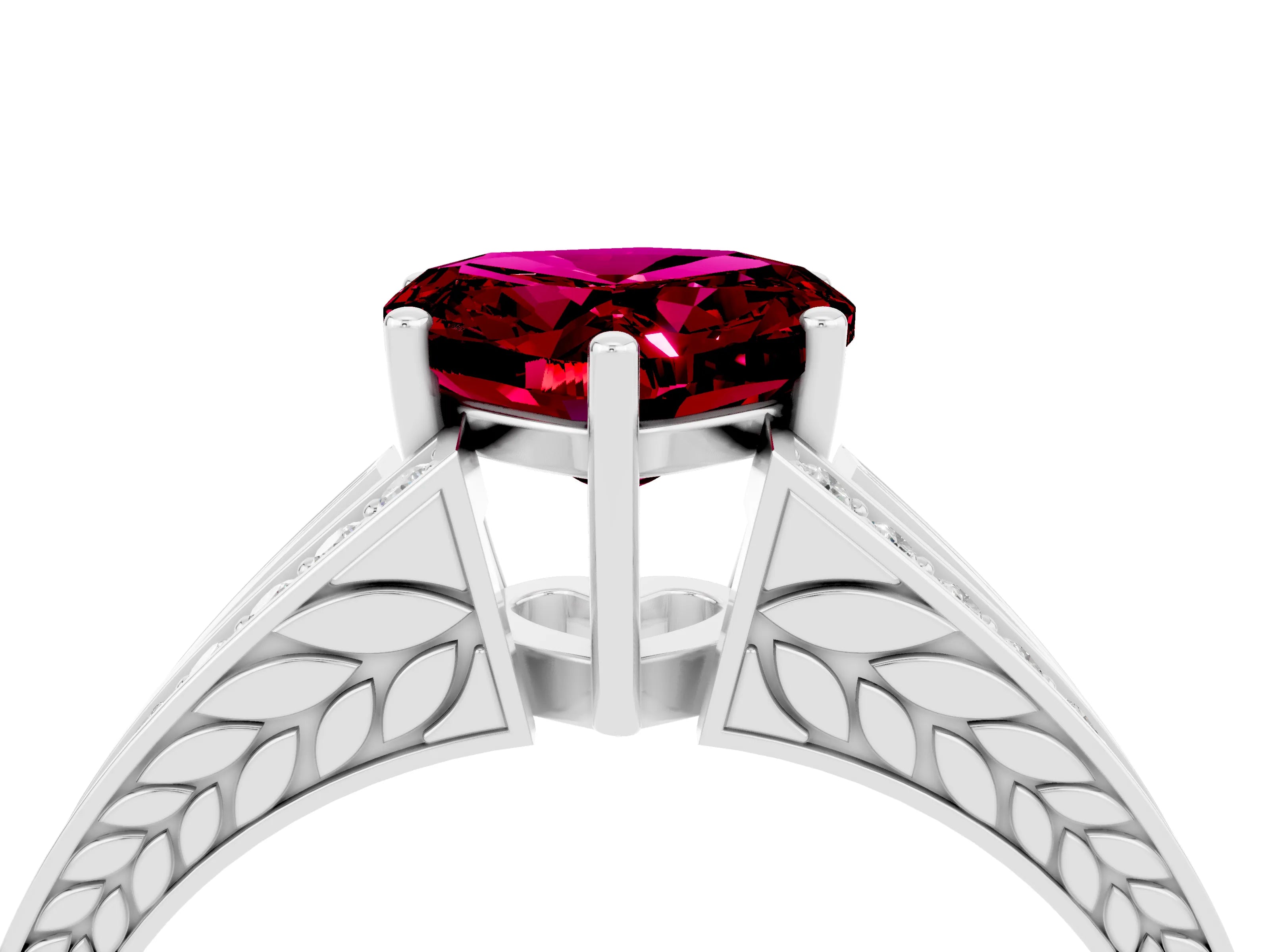 White gold Heart Cut Garnet Split Shank Ring with Pavé Band and Four-Prong Setting_4