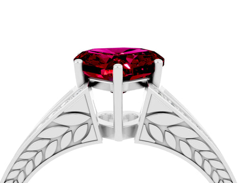 White gold Heart Cut Garnet Split Shank Ring with Pavé Band and Four-Prong Setting_4