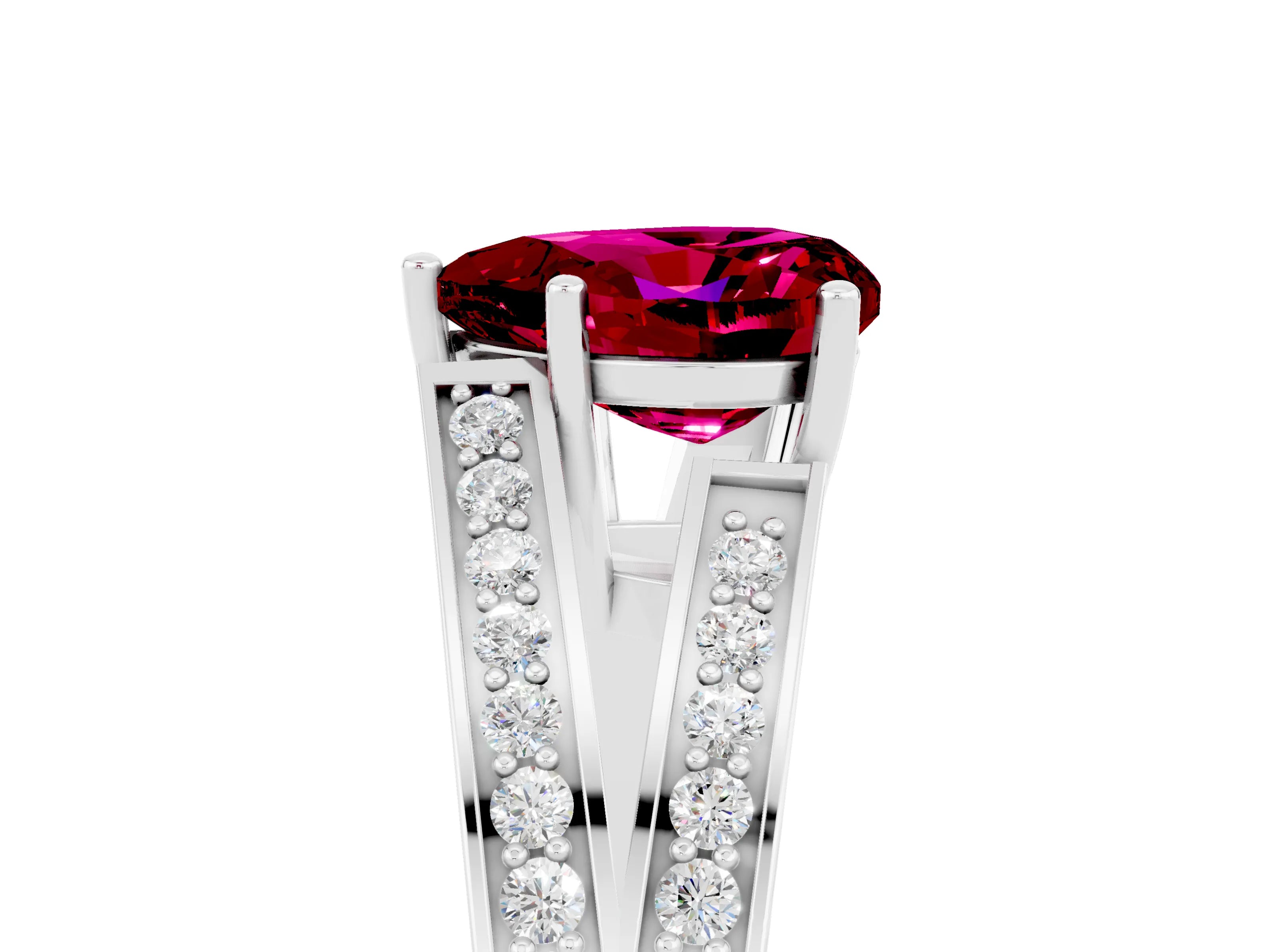 White gold Heart Cut Garnet Split Shank Ring with Pavé Band and Four-Prong Setting_5