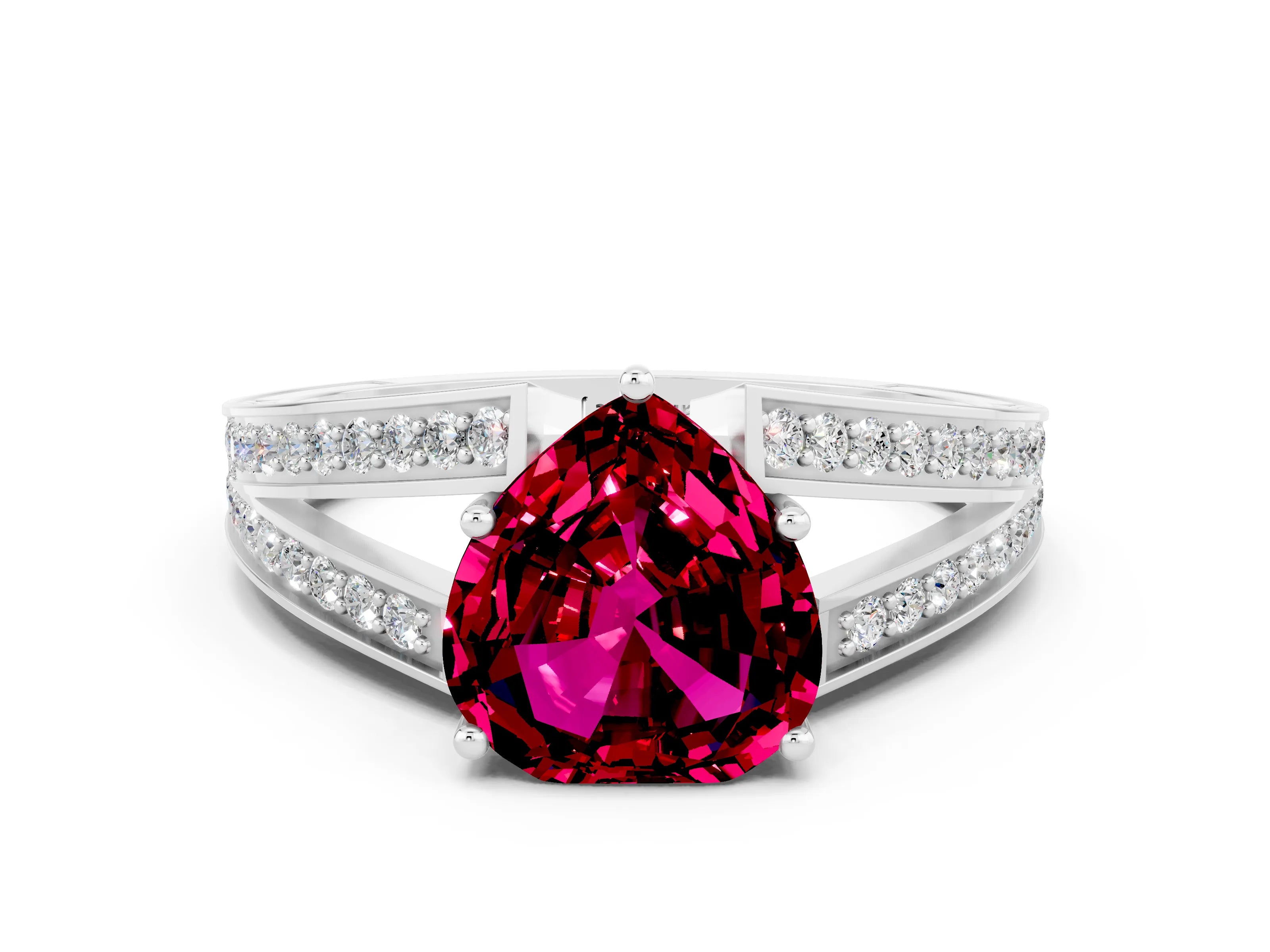 White gold Heart Cut Garnet Split Shank Ring with Pavé Band and Four-Prong Setting