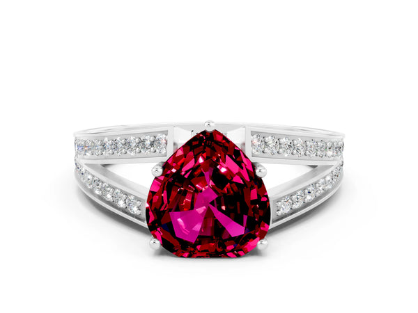 Silver Heart Cut Garnet Split Shank Ring with Pavé Band and Four-Prong Setting