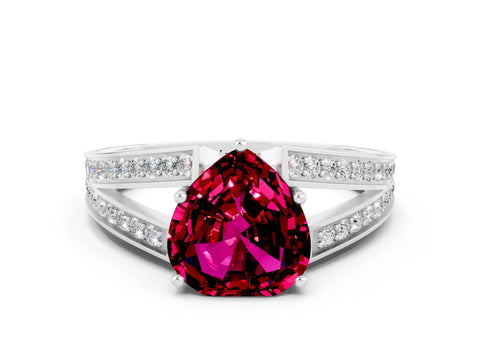 White gold Heart Cut Garnet Split Shank Ring with Pavé Band and Four-Prong Setting