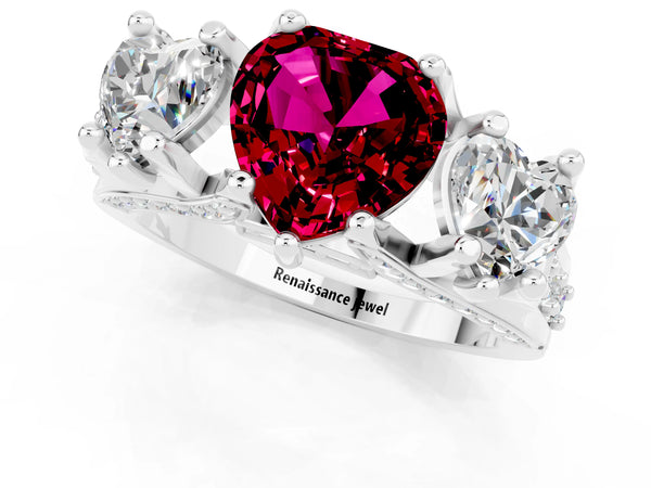 White gold Heart Cut Garnet Three-Stone Ring with Channel Set Band and Four-Prong Setting