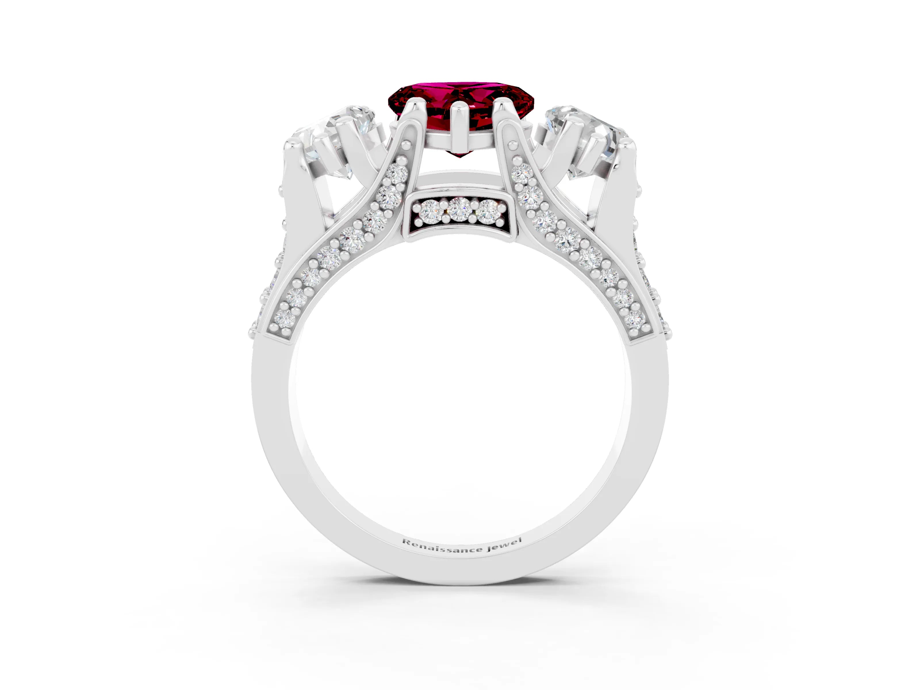 White gold Heart Cut Garnet Three-Stone Ring with Channel Set Band and Four-Prong Setting_3