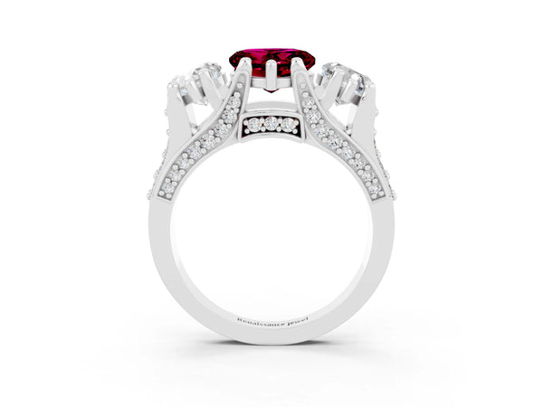Silver Heart Cut Garnet Three-Stone Ring with Channel Set Band and Four-Prong Setting