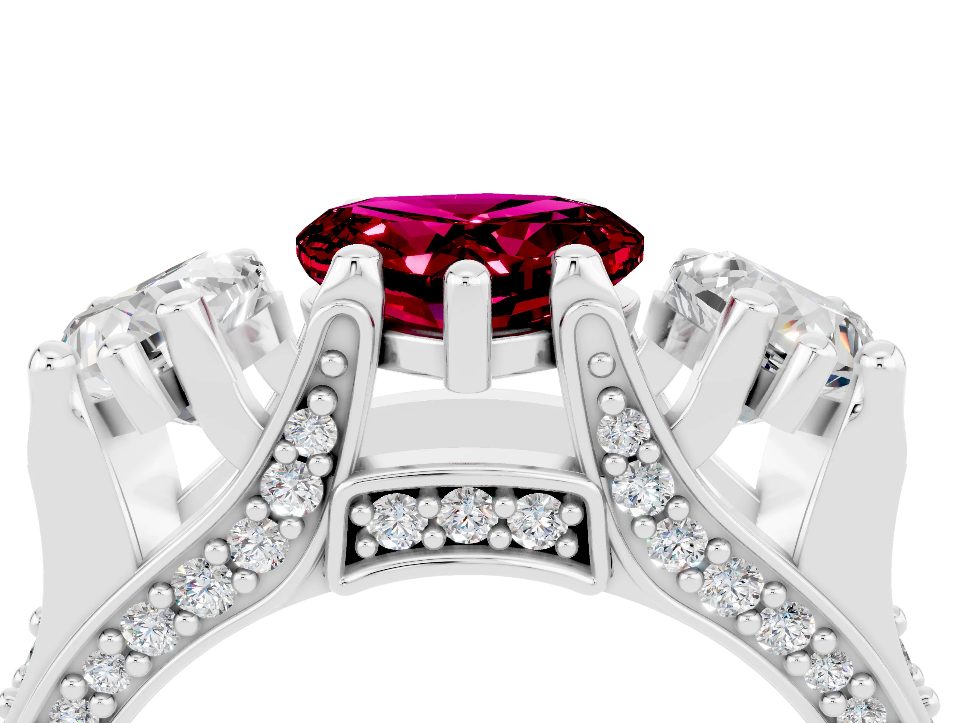 White gold Heart Cut Garnet Three-Stone Ring with Channel Set Band and Four-Prong Setting_4