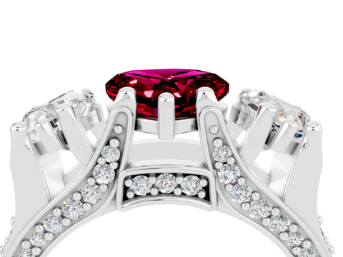 White gold Heart Cut Garnet Three-Stone Ring with Channel Set Band and Four-Prong Setting_4