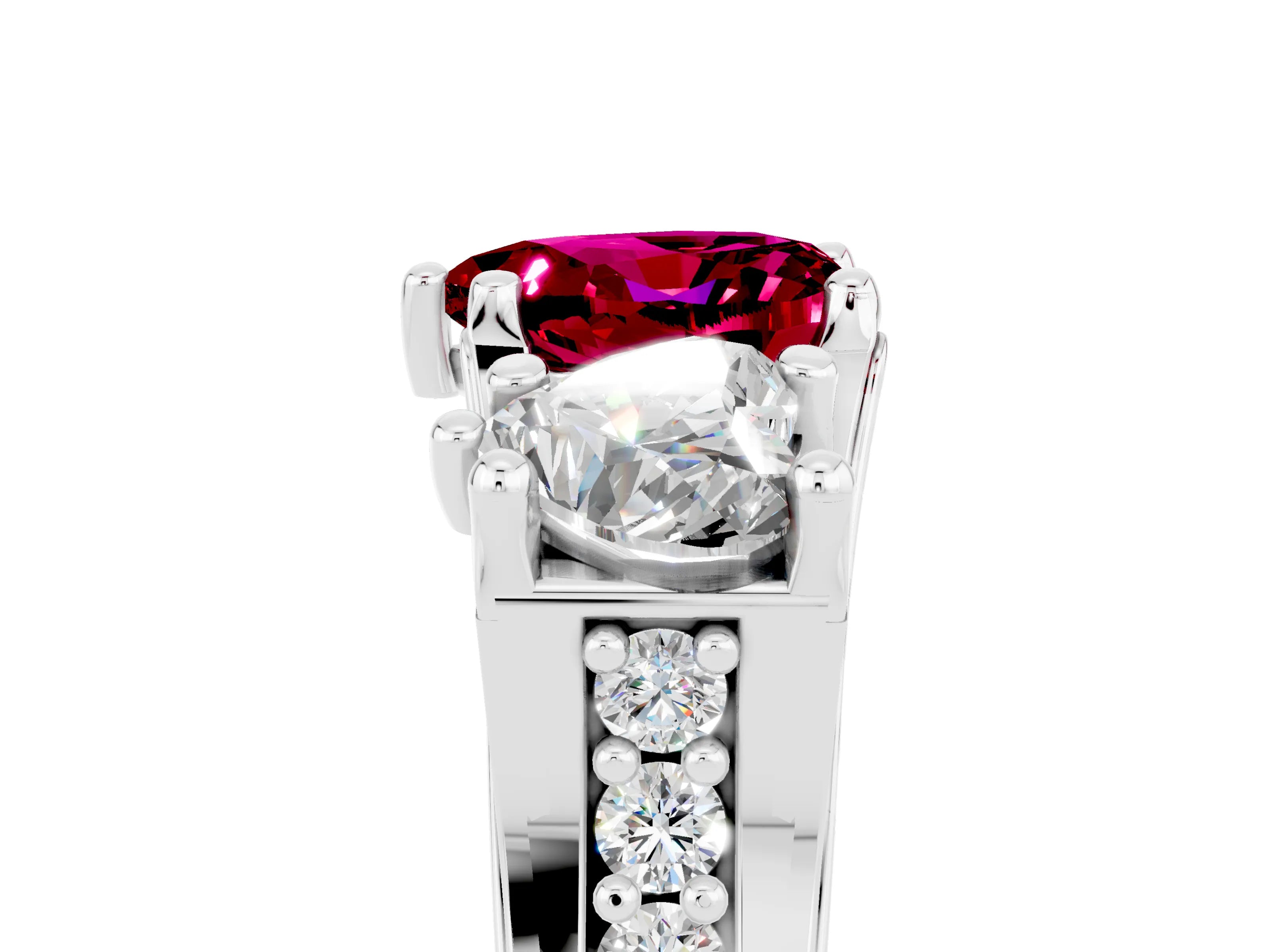 White gold Heart Cut Garnet Three-Stone Ring with Channel Set Band and Four-Prong Setting_5